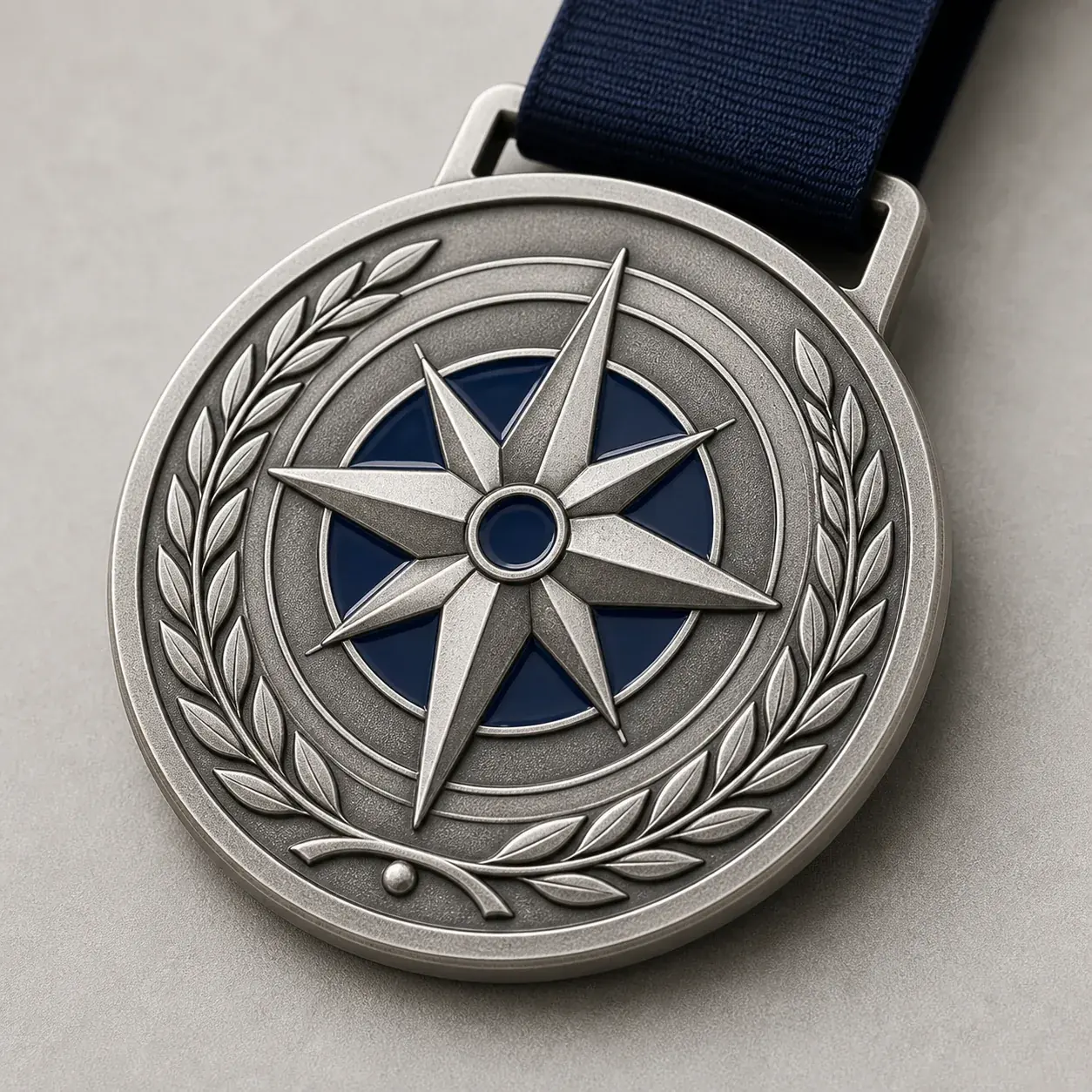 Antique silver 2D custom medal with stepped relief and blue enamel areas