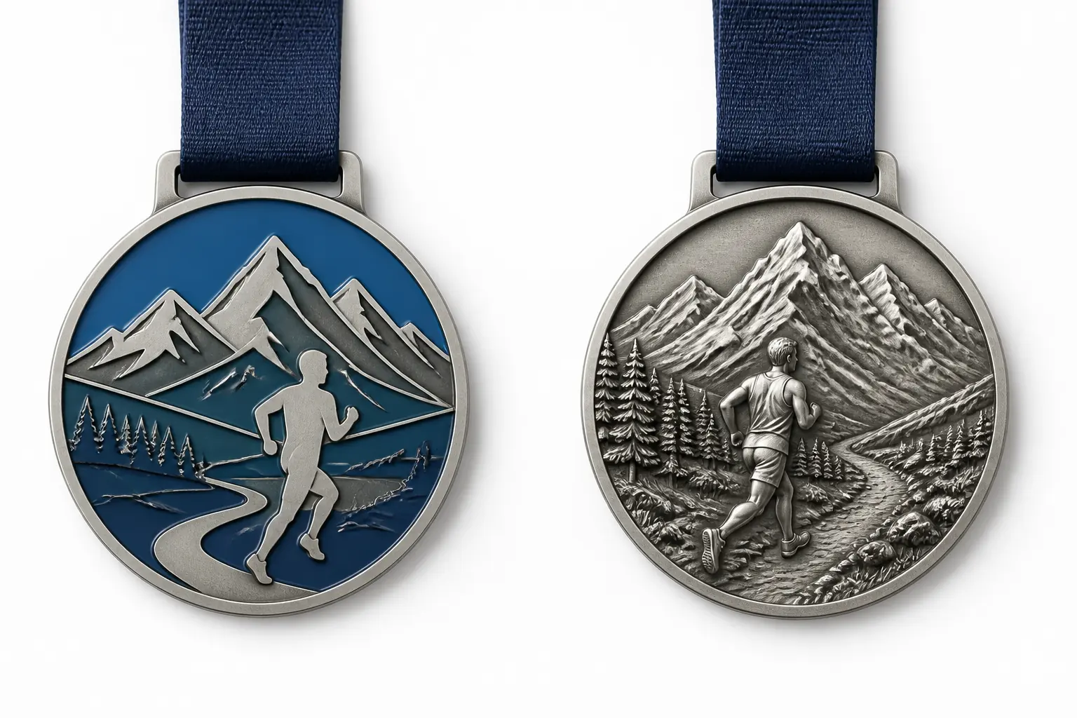 Same-size 2D enamel medal and 3D sculpted medal compared from the same angle