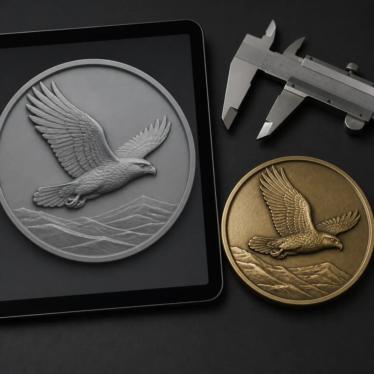 A 3D production model beside a finished custom metal coin