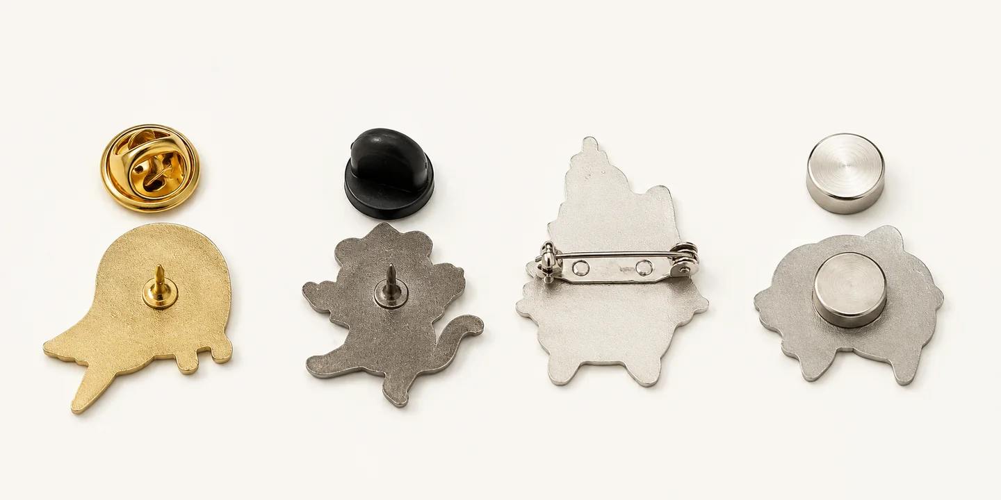 Four enamel pin backing options shown from left to right: butterfly clutch rubber clutch safety pin and magnet