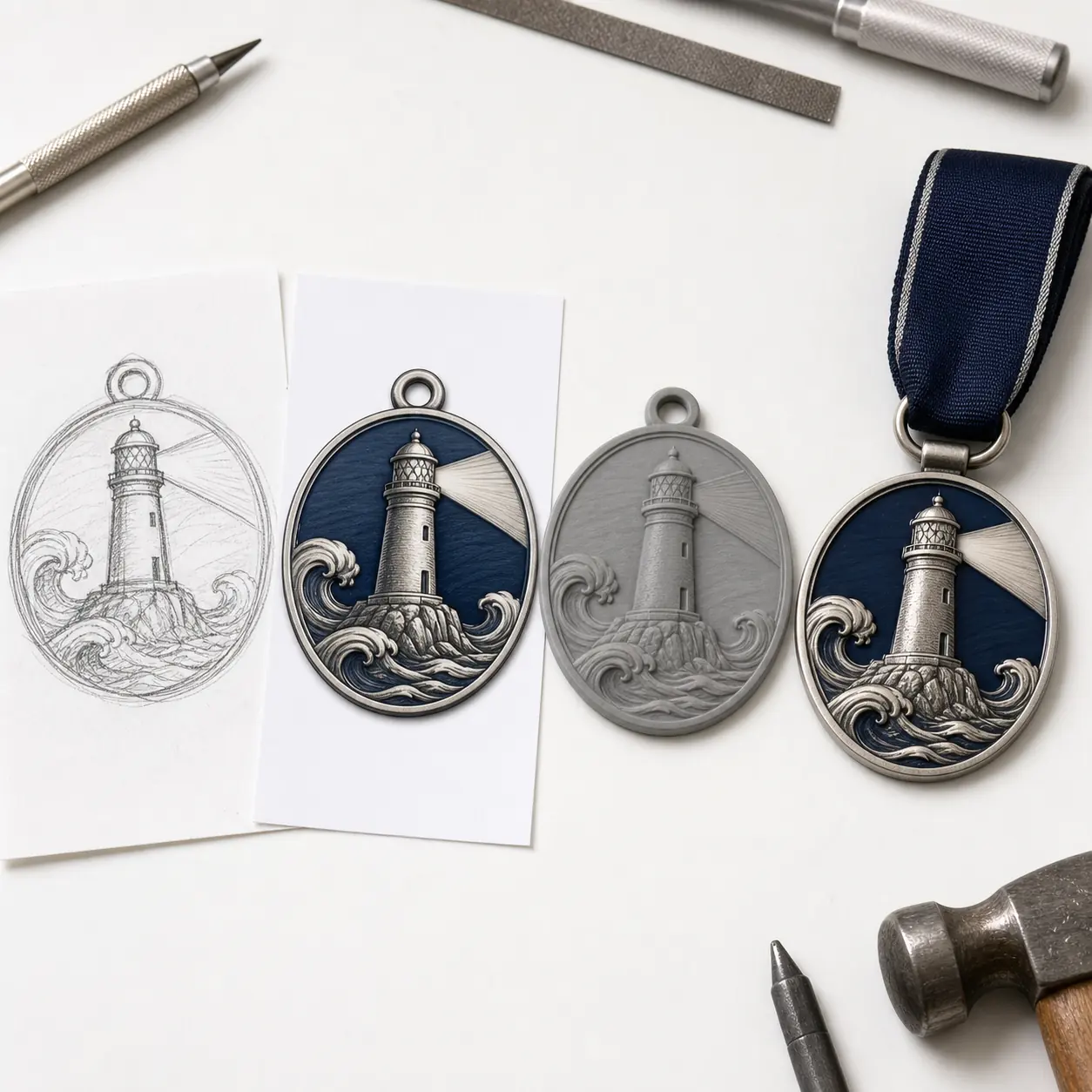 Lighthouse medal progressing from pencil sketch to AI concept, factory relief model and finished medal