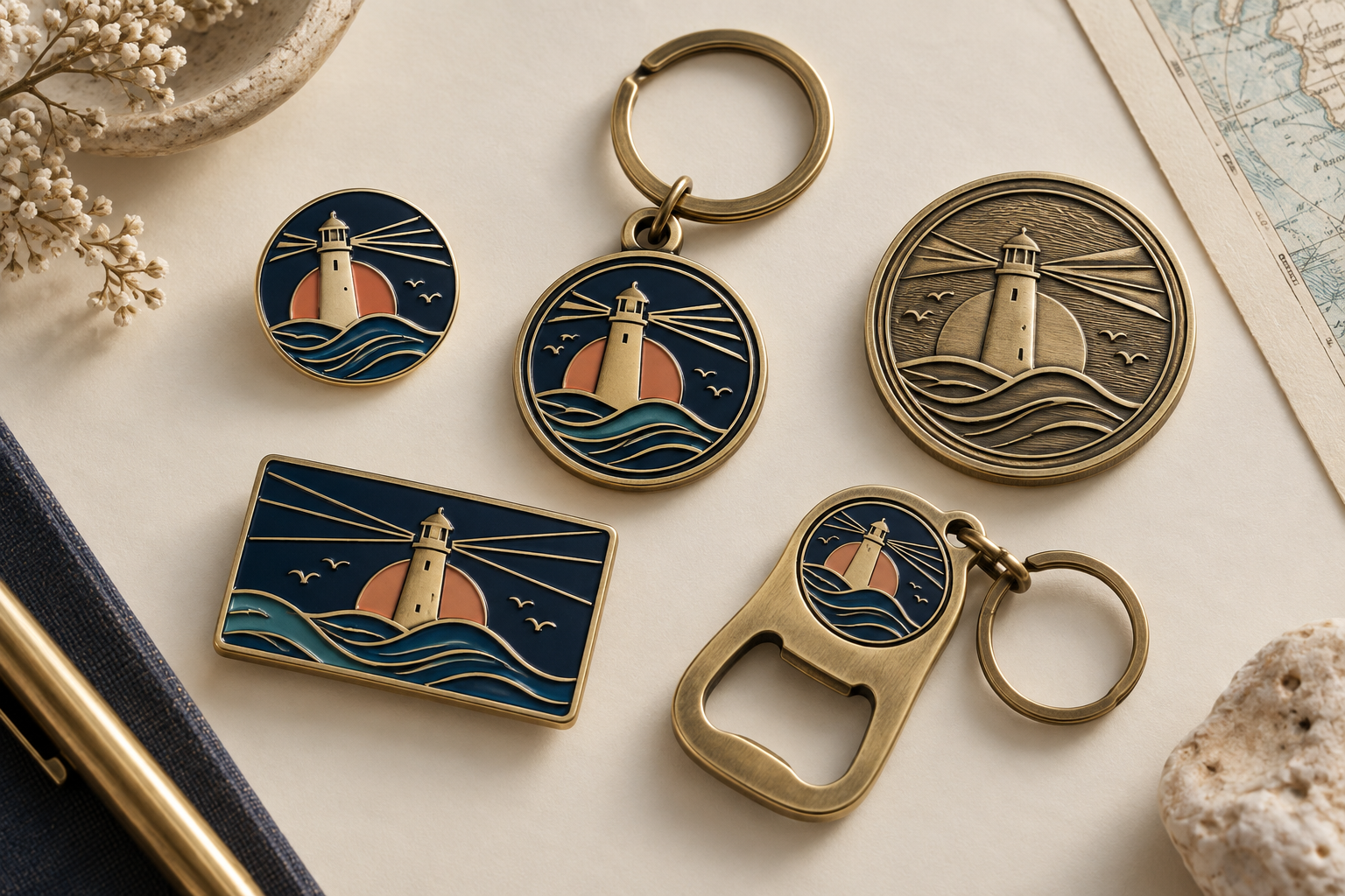 Coordinated fictional lighthouse brand collection including an enamel pin, keychain, coin, magnet and bottle opener