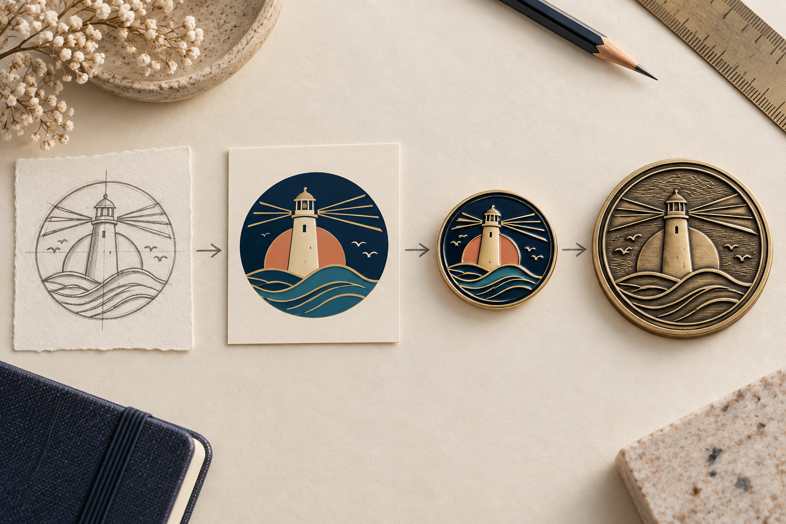 Fictional lighthouse symbol progressing from sketch and color artwork to enamel pin and relief coin