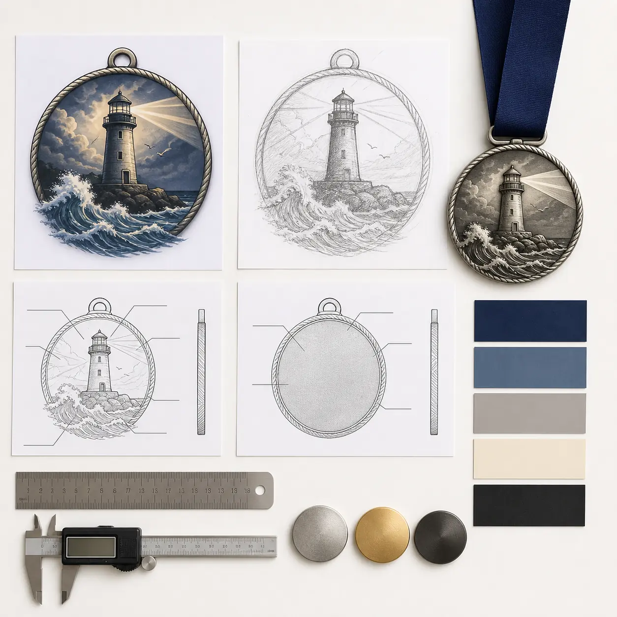 Custom medal design brief with concept images, front and back notes, ruler, caliper, color swatches, metal finishes, ribbon and finished sample
