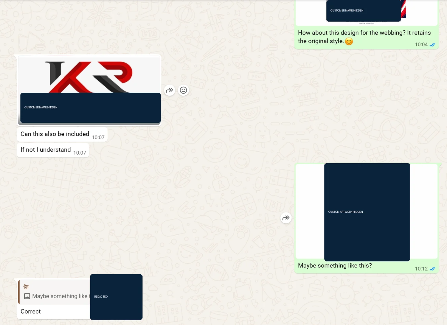 Anonymized customer conversation confirming an added logo and ribbon artwork