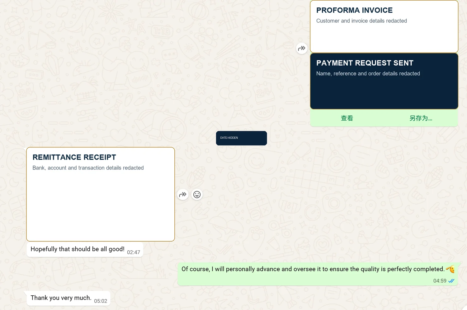 Anonymized customer conversation showing a proforma invoice followed by a remittance receipt