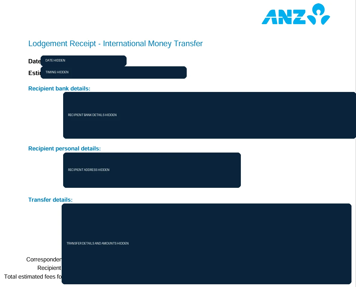 International money transfer receipt with all banking address and amount fields redacted