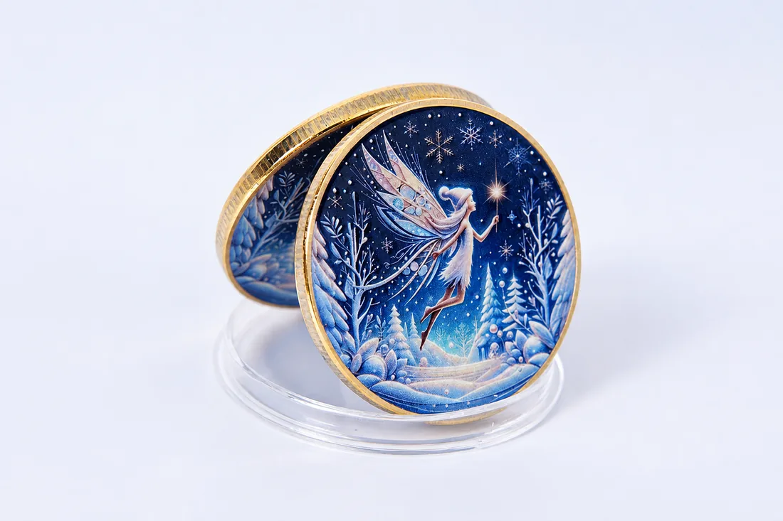 Blue winter fantasy commemorative coin with gold edge
