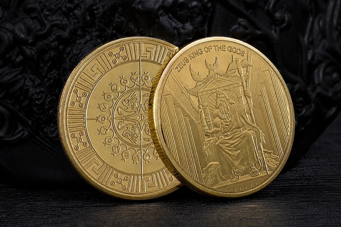Two-sided gold commemorative coins with mythology relief
