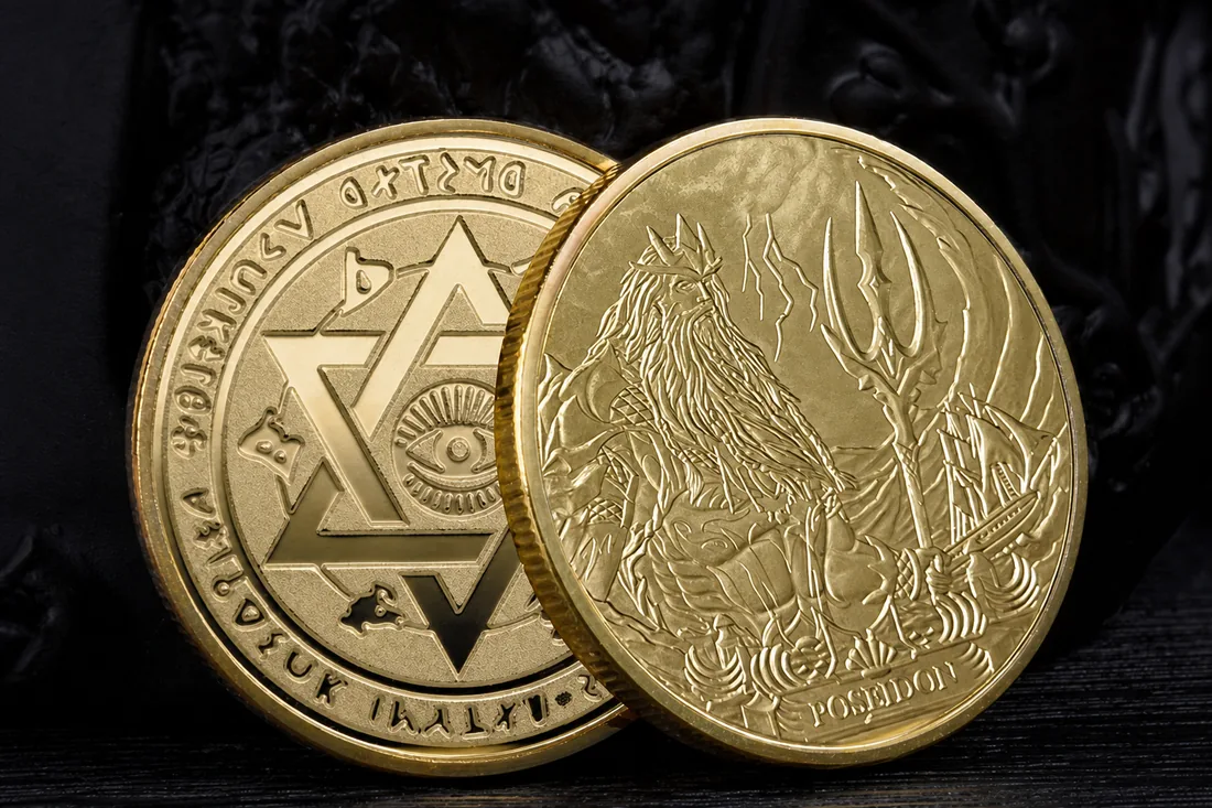 Gold commemorative coin pair with deep character relief