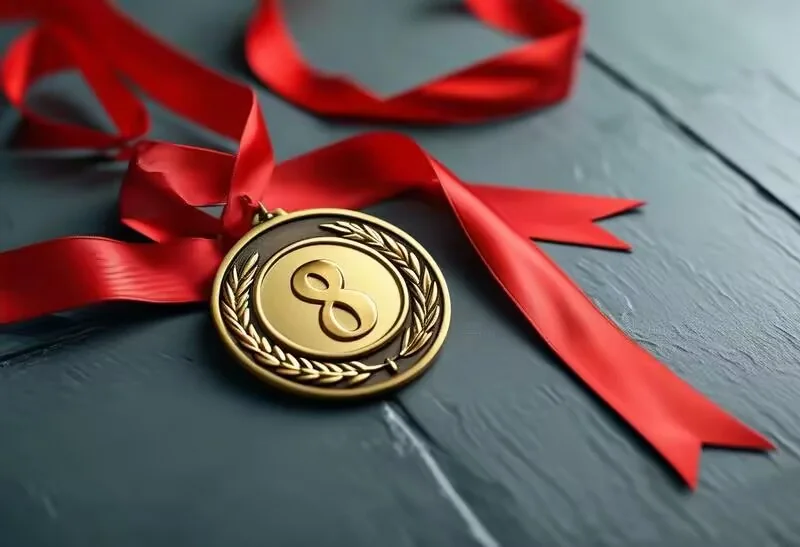 Antique gold corporate award medal with red ribbon