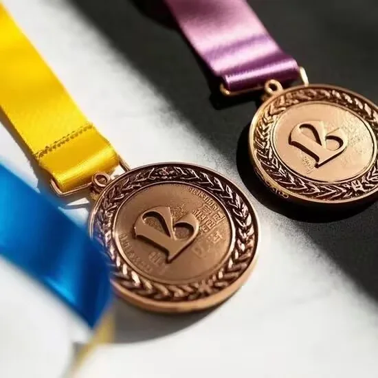 Two bronze corporate recognition medals with yellow and purple ribbons