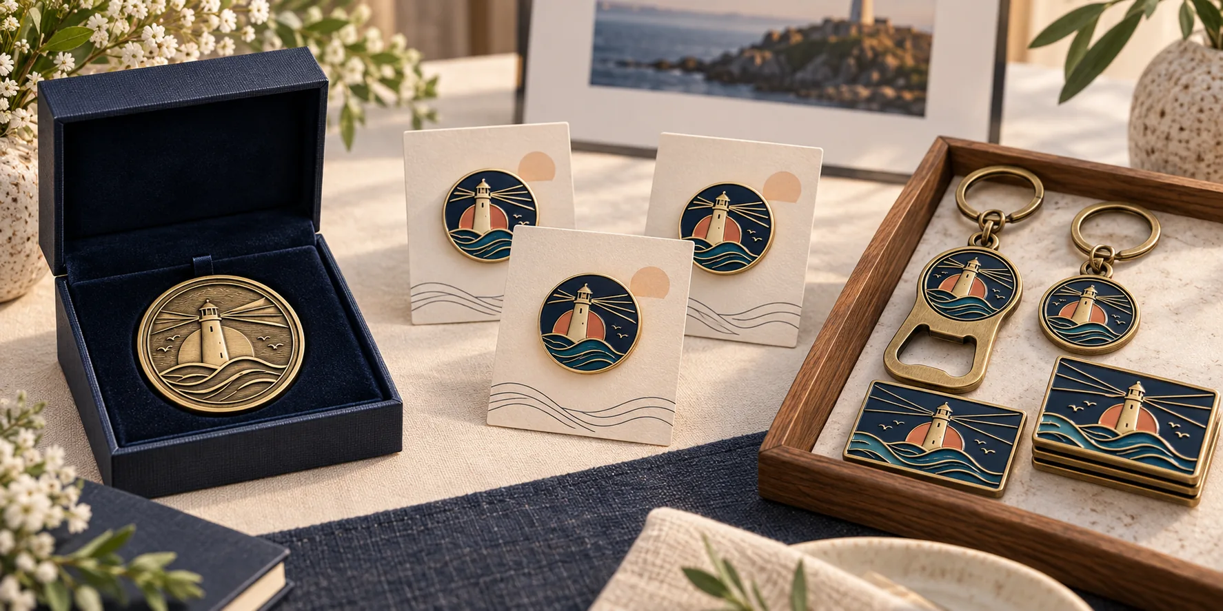 A coordinated cultural merchandise display with collectible coin, enamel pins, keychains, bottle openers and metal magnets