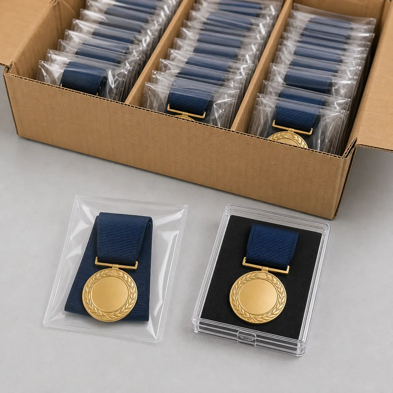 Individually bagged medals, clear plastic medal box and divided export carton