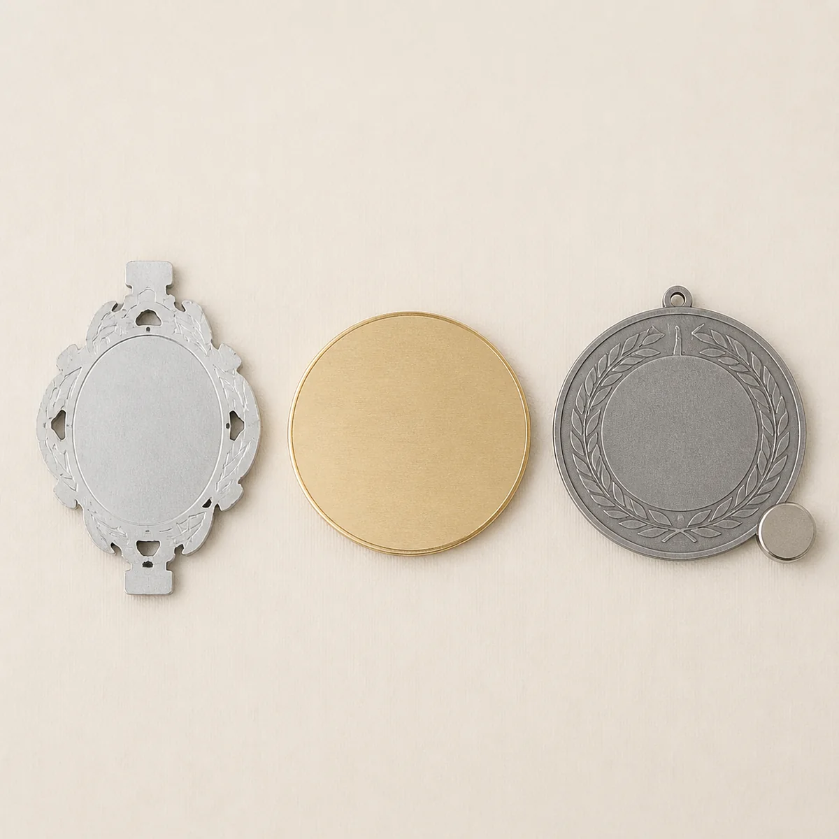 Raw zinc alloy, brass and iron medal samples compared side by side