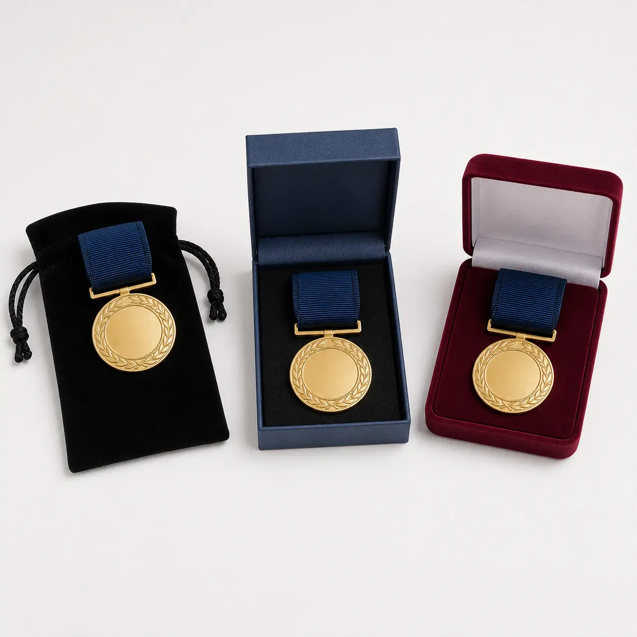 Black velvet pouch, navy paper gift box and burgundy flocked medal case