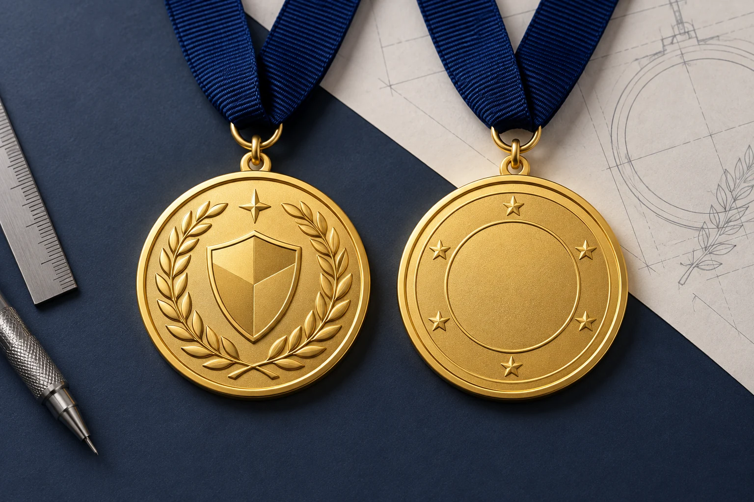 Illustrative gold front and back medals beside a technical drawing