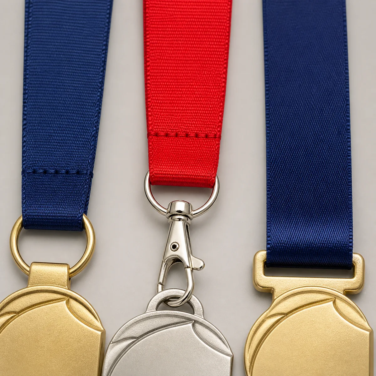 Sewn ring, detachable snap hook and wide slot medal ribbon attachments