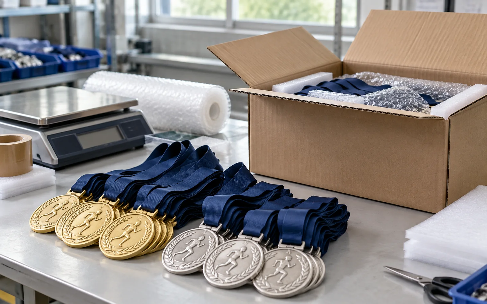 Illustrative view of custom medals with navy ribbons being weighed and packed for international shipping