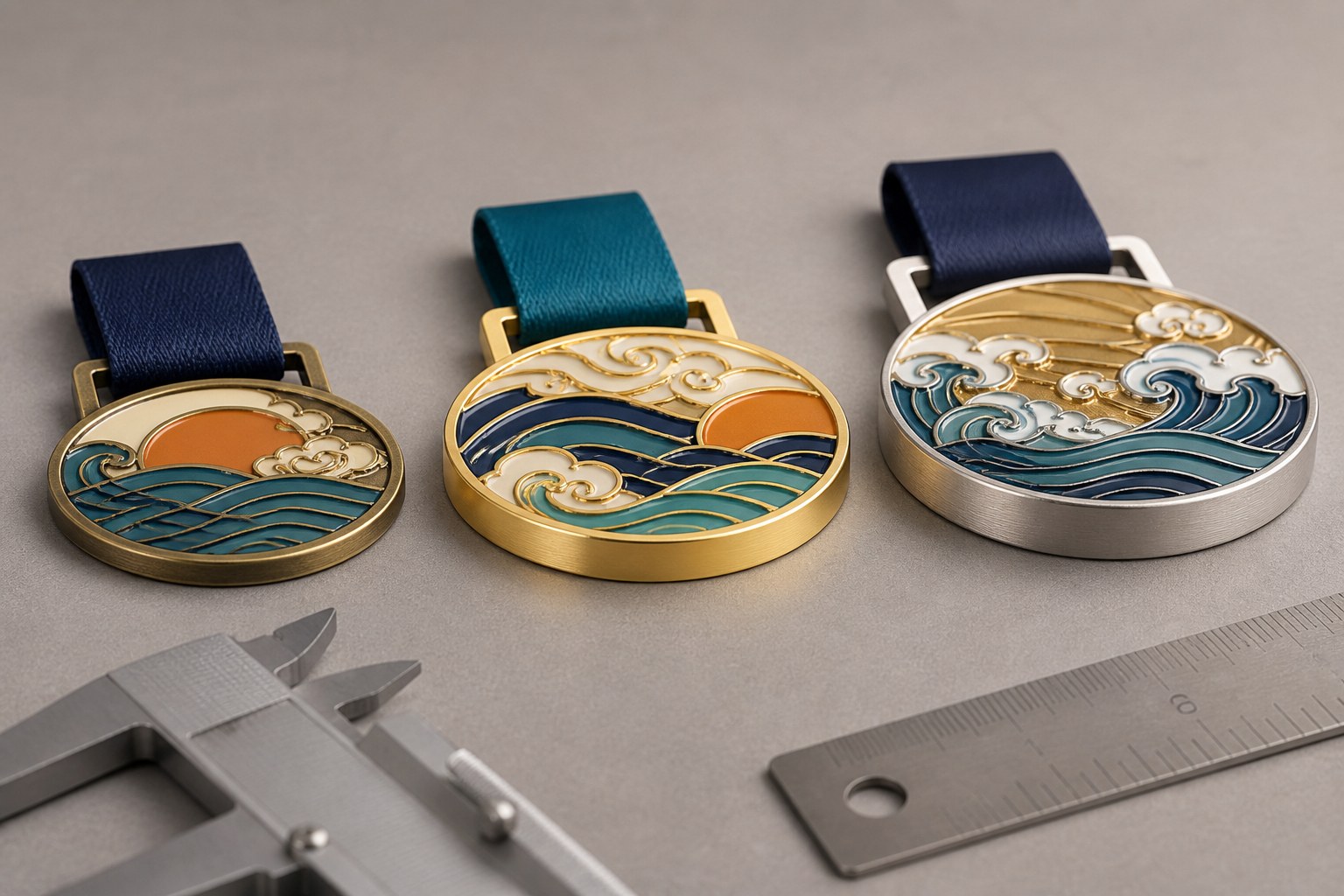 Illustrative side-angle comparison of three custom medals with different edge thicknesses and ribbon loops
