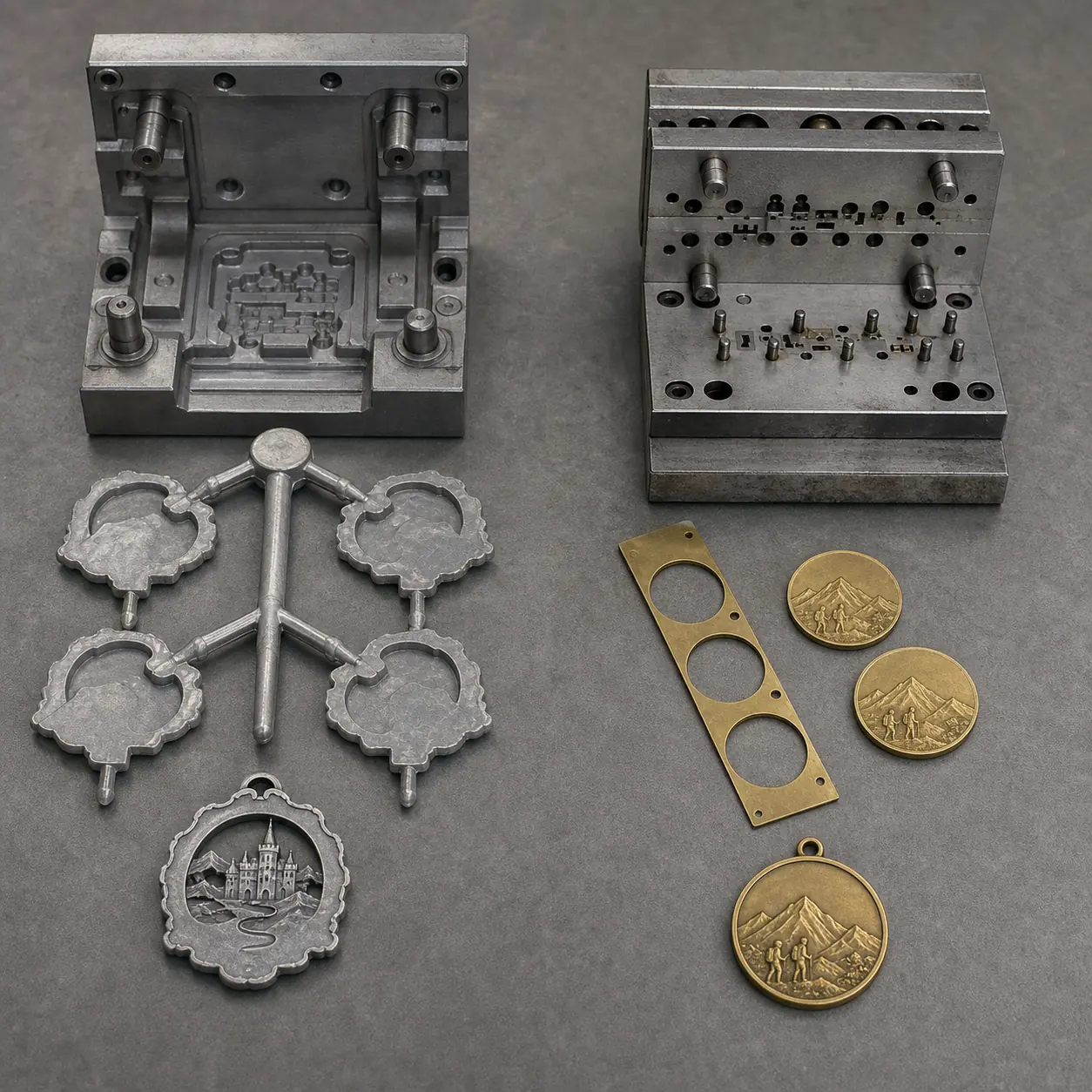 Die casting mold and zinc runner compared with a stamping die, punched brass strip and round medal blanks