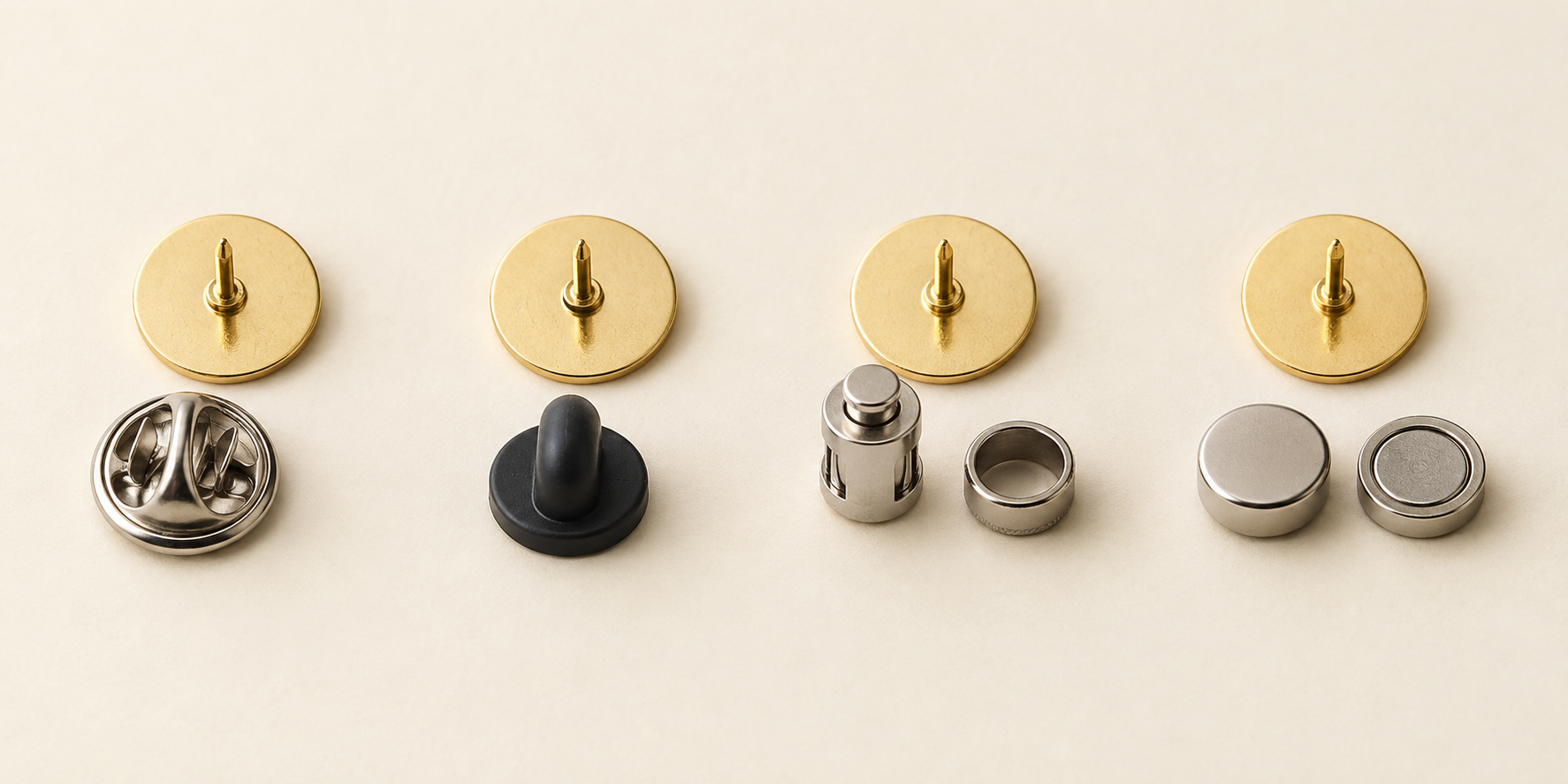 Four enamel pin attachment concepts including butterfly, rubber, locking and magnetic backs