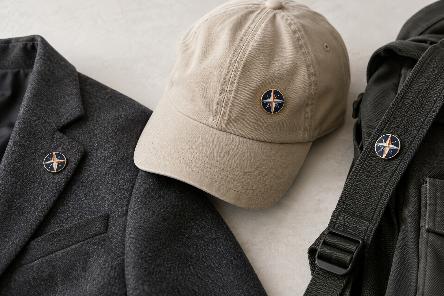 Original compass enamel pins shown on a suit lapel, cotton cap and canvas backpack strap