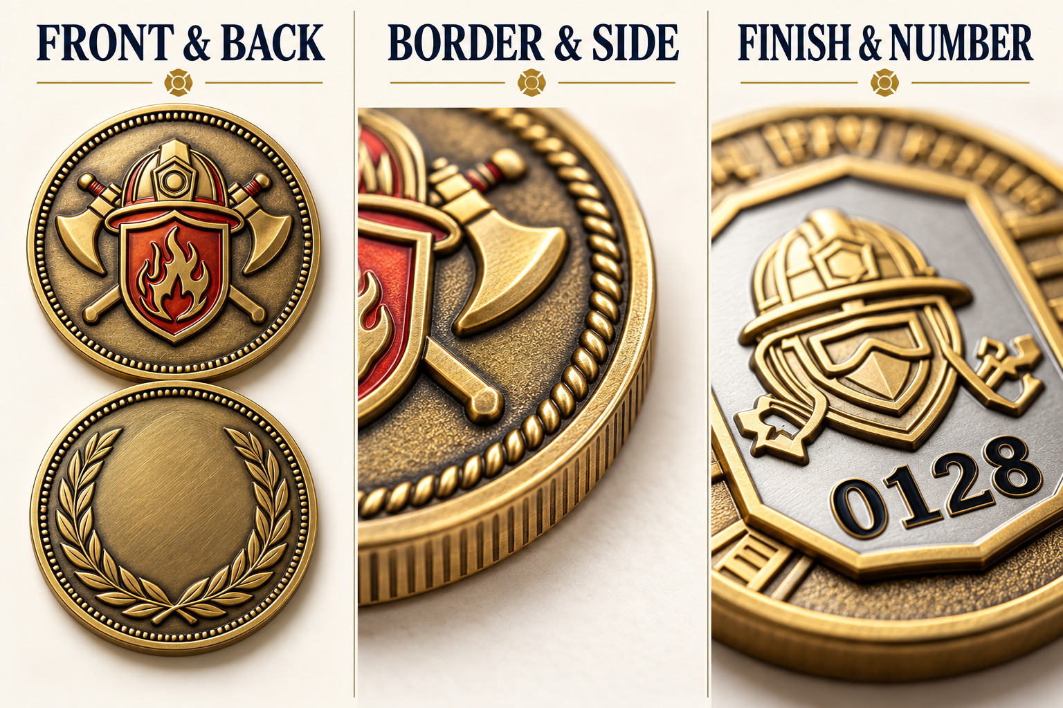 Firefighter coin concepts comparing front and back, face border and side edge, and numbered two-tone design