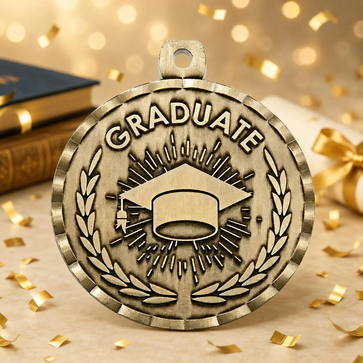 Antique gold graduate award medal displayed with books and gold decorations