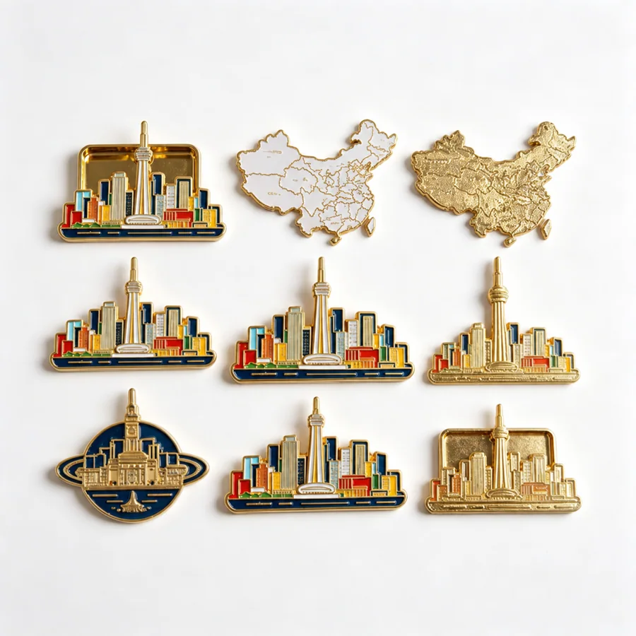 Group of colorful destination-themed souvenir magnet references