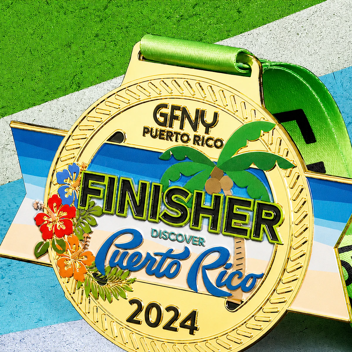 Colorful destination finisher medal with a green ribbon