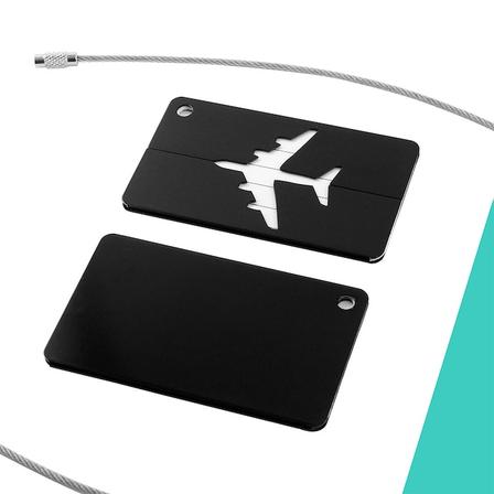Black rectangular aircraft-cutout luggage-tag plate, separate blank plate and cable fitting