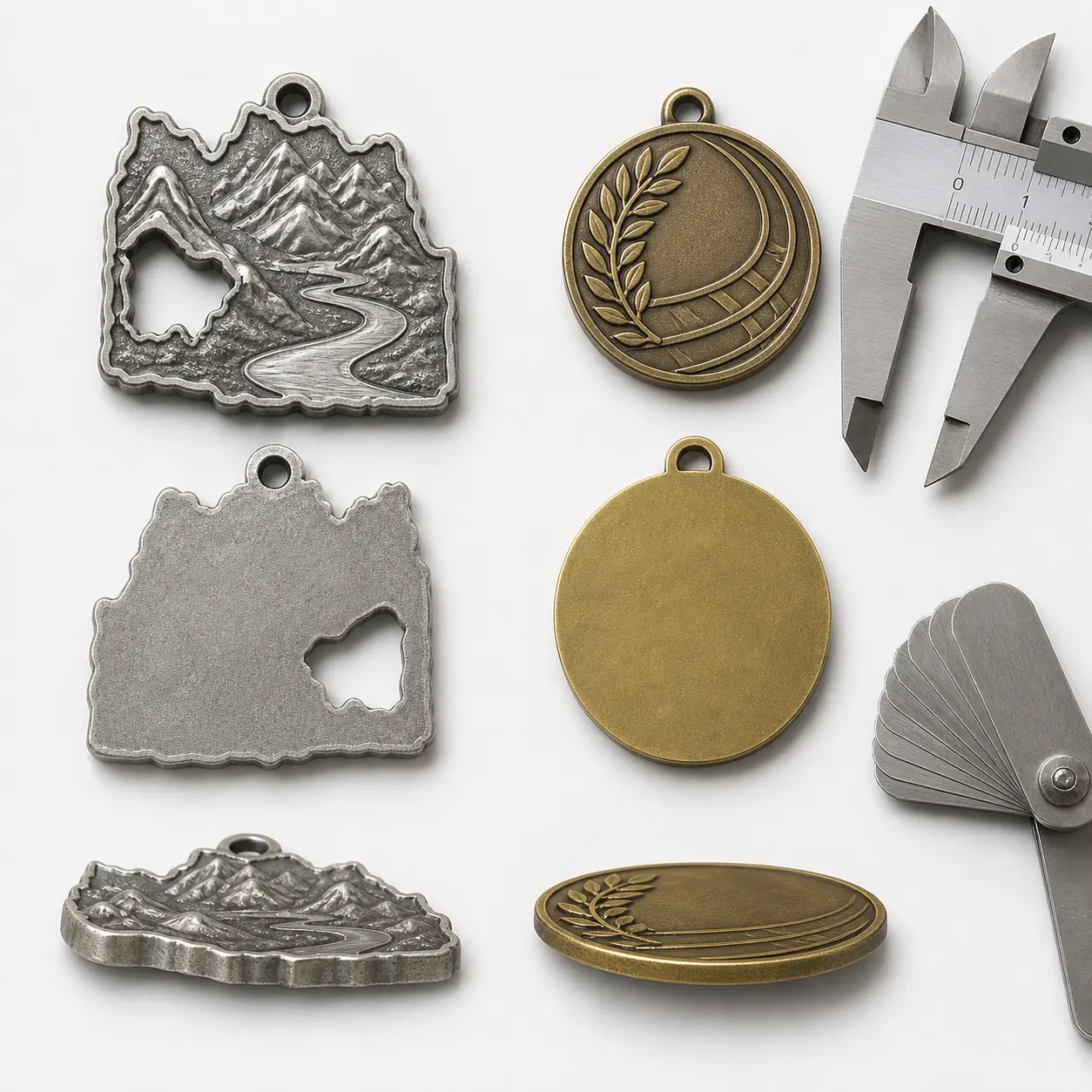 Irregular die cast zinc alloy medal and round die struck brass medal shown from front, back and side