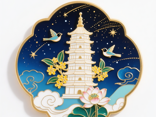 Architectural metal keepsake with a pagoda, birds, flowers and clouds against a blue night sky