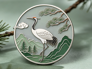 Circular crane motif metal product reference with pine branches, mountains and open background