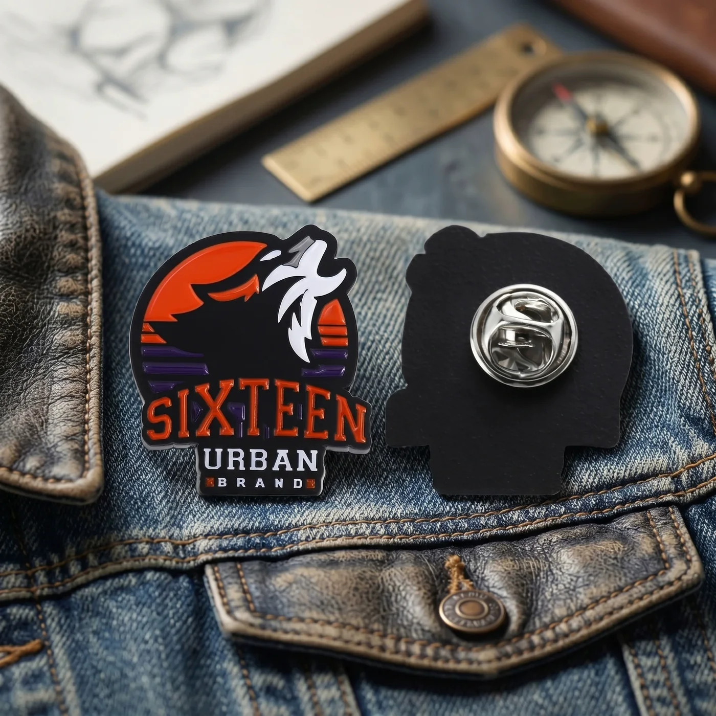 Front and reverse of a custom wolf logo pin with butterfly clutch attachment