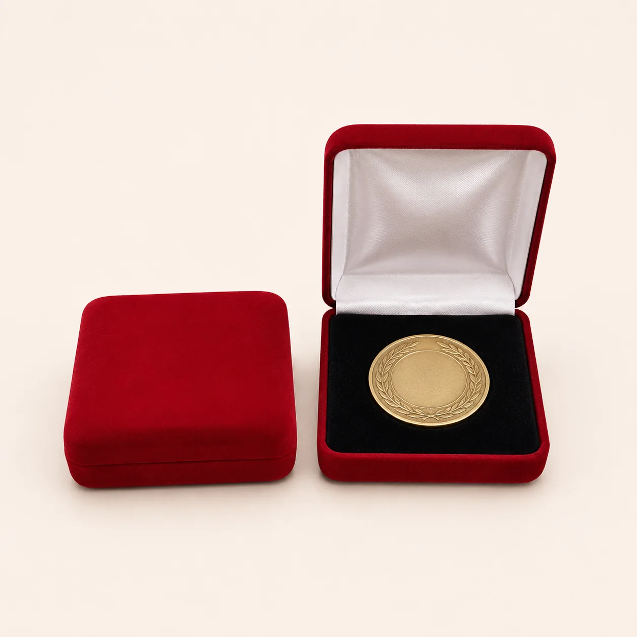 Red velvet medal box shown open and closed