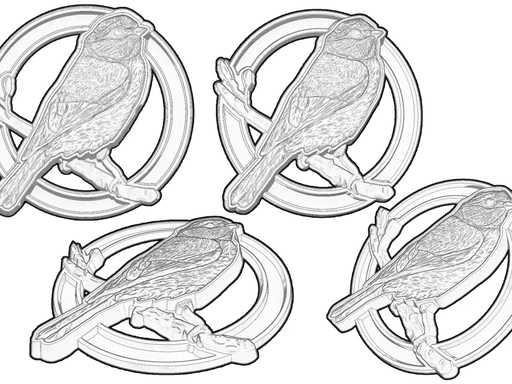 Grayscale bird relief concept shown from several angles