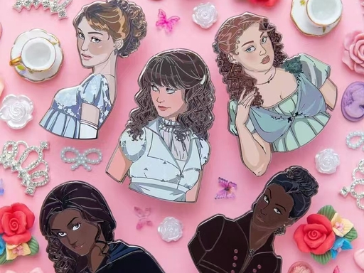 Five illustrated portrait pin designs displayed on a pink background