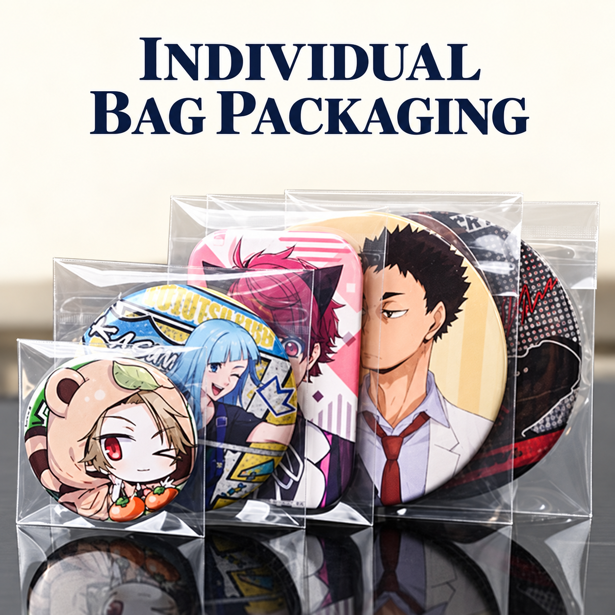 Character badges individually presented in transparent bags