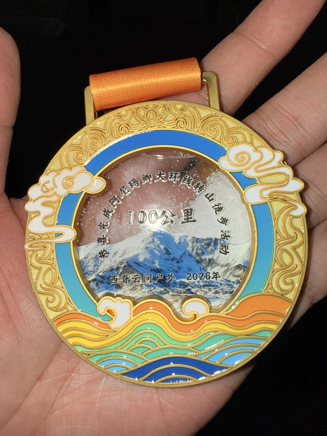 Hand holding a detailed gold enamel event medal