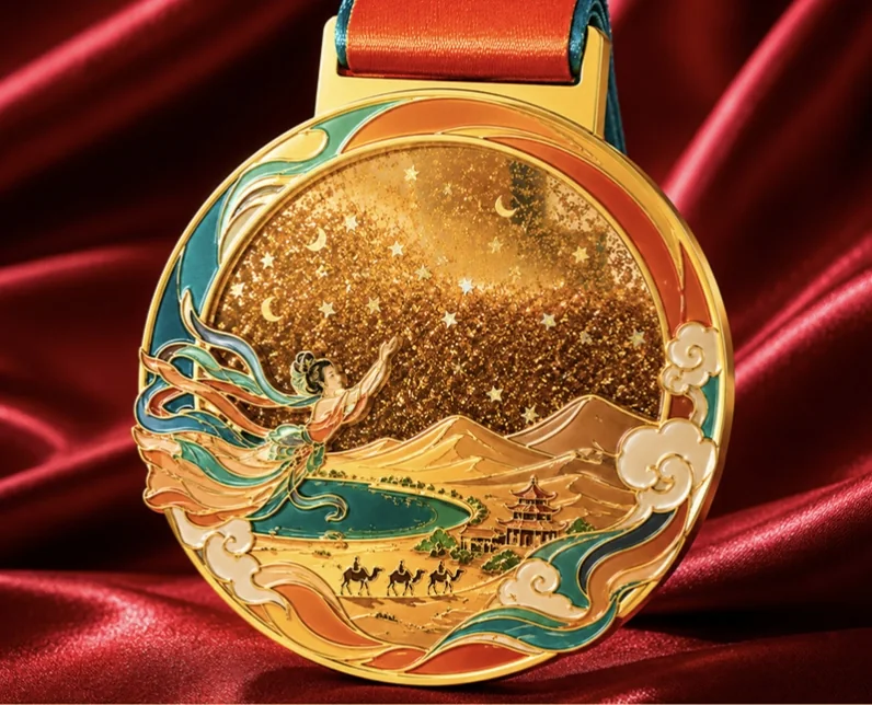 Gold scenic enamel event medal on red ribbon