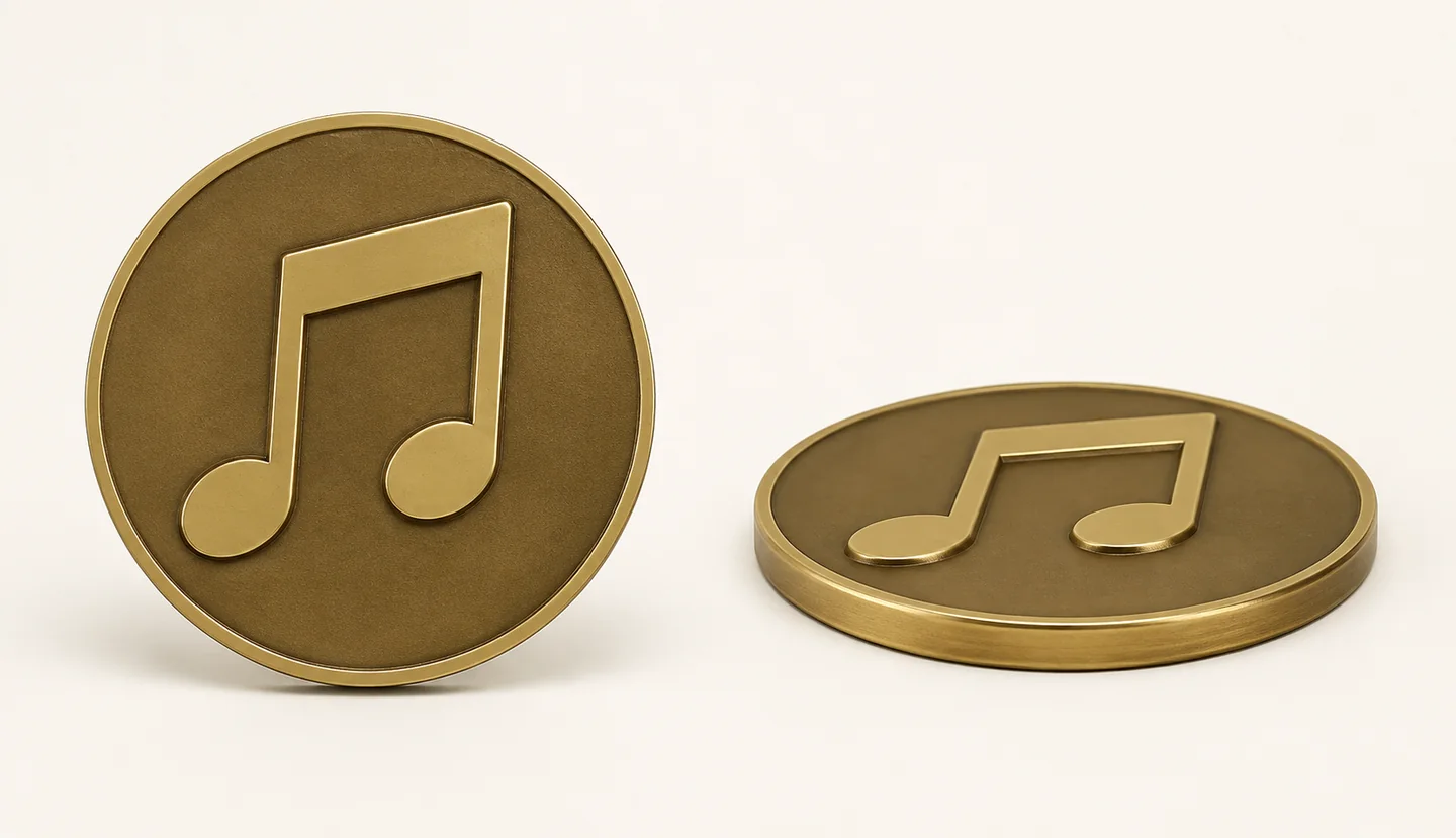 Two views showing flat stepped 2D relief on a musical note medallion