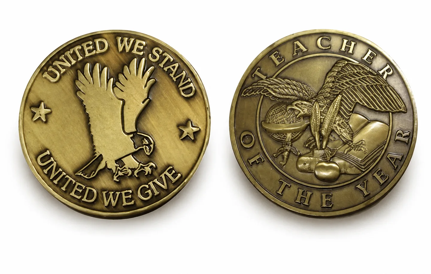 Antique gold 2D relief coin beside a rounded 3D relief coin