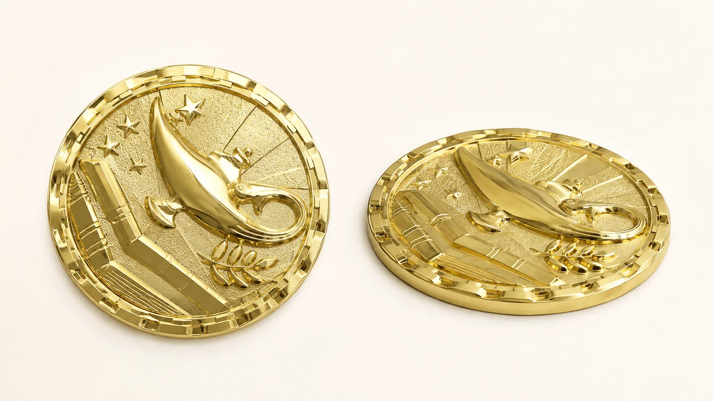 Two views showing rounded sculpted 3D relief on a gold medal