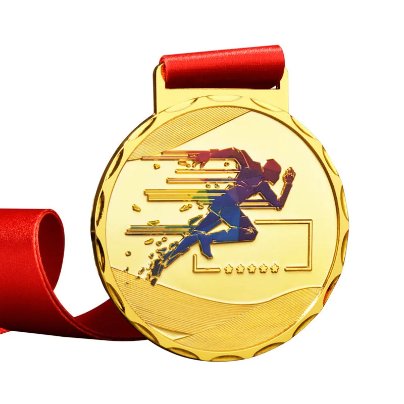 Gold school running medal with red ribbon and blue runner artwork