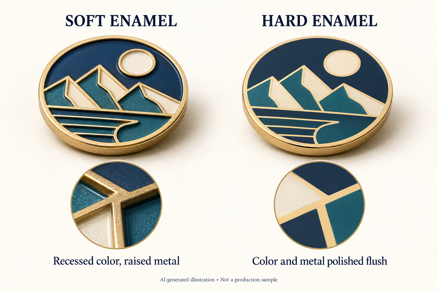 AI-generated conceptual comparison: soft enamel with recessed color and raised metal on the left; hard enamel with flush color and metal on the right