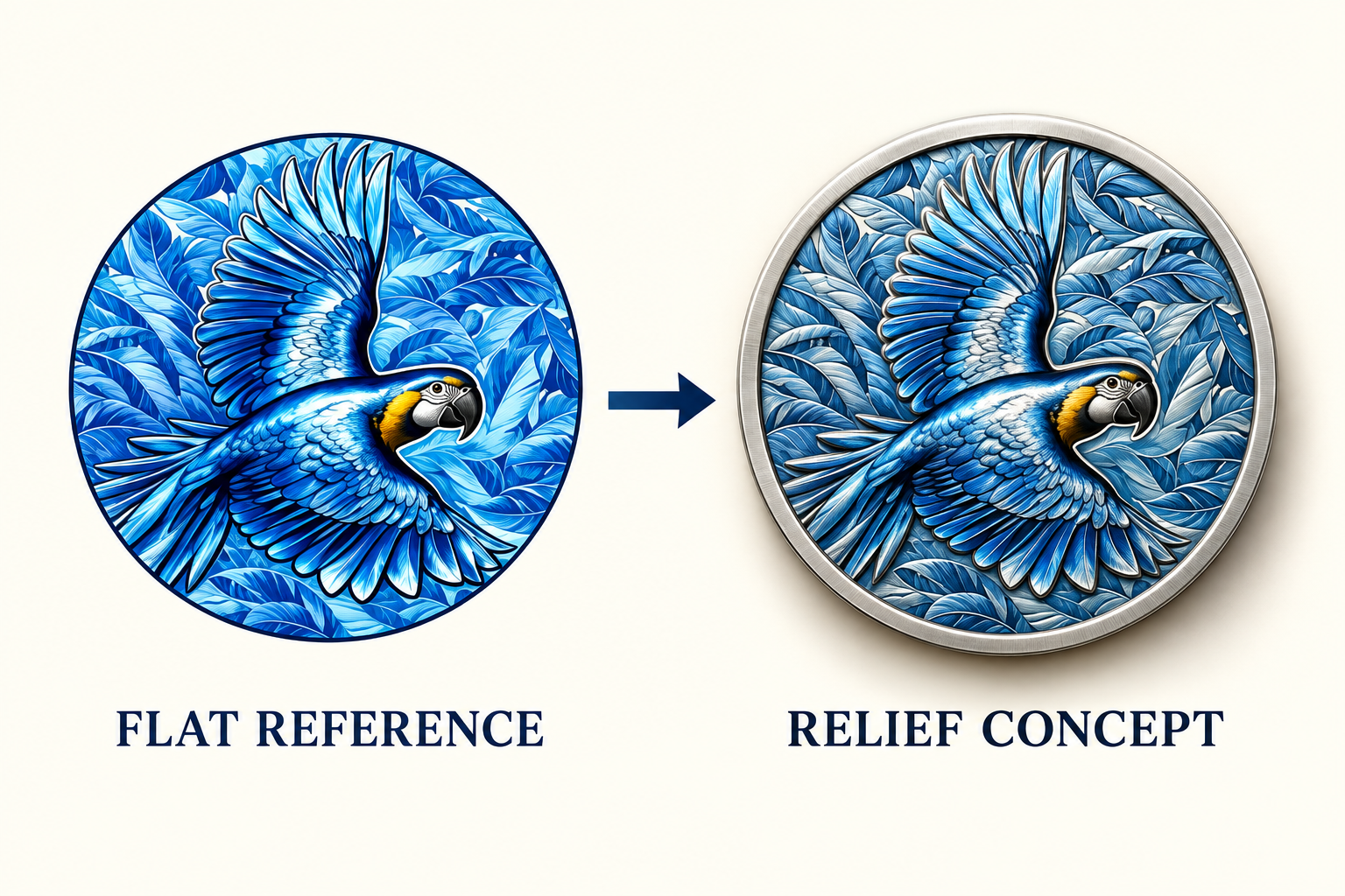 Blue bird artwork compared with a sculpted circular relief concept