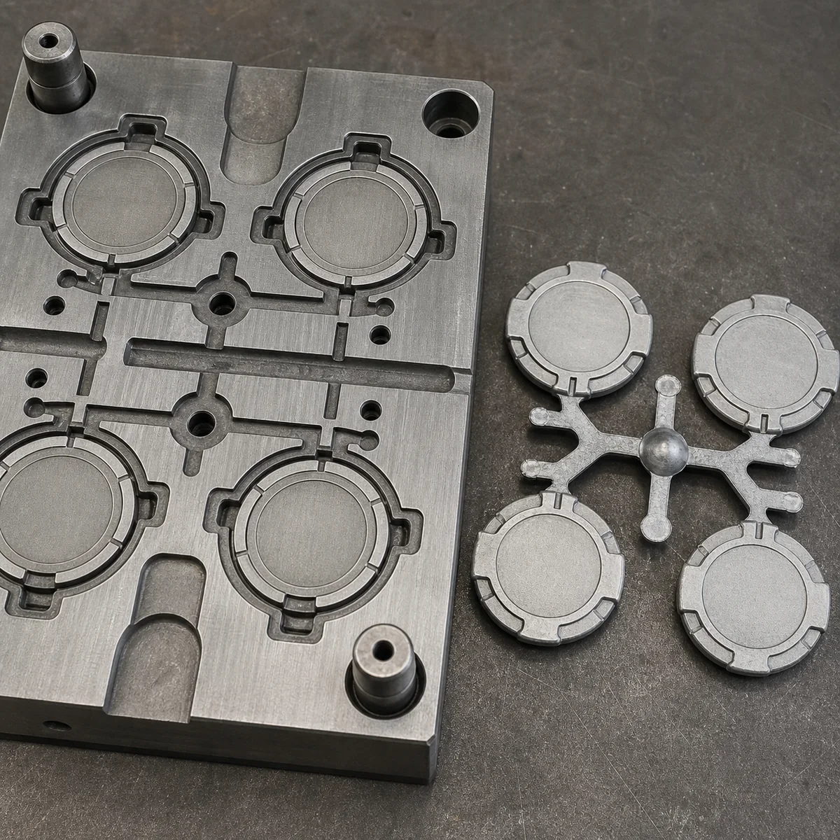 Four-cavity die-casting mold beside a raw zinc-alloy medal casting tree